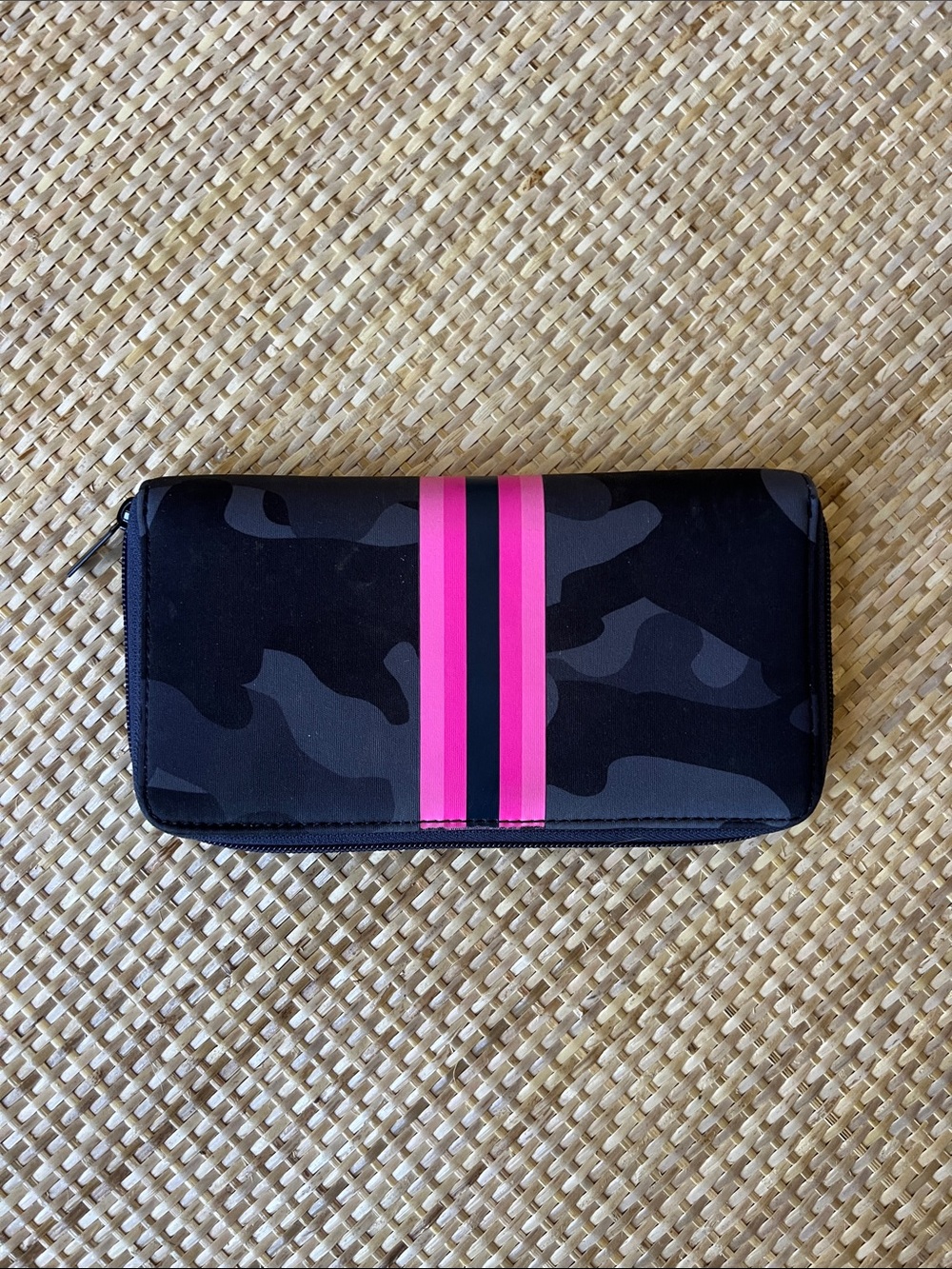 Haute Shore Cash Wallet Epic navy camo print pink navy stripe zip close neoprene